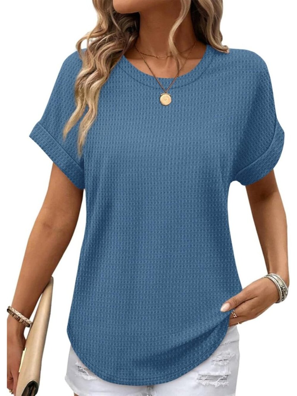 Women's Blue Polyester Blend Short Sleeve V Neck Pull On Henley Shirts